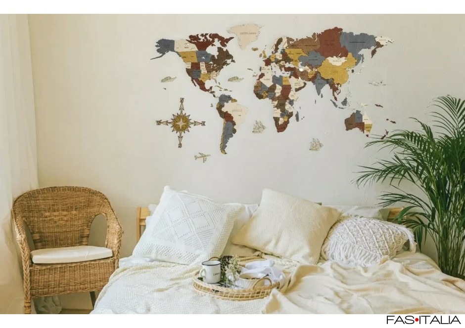 Mappa del mondo 3D in legno